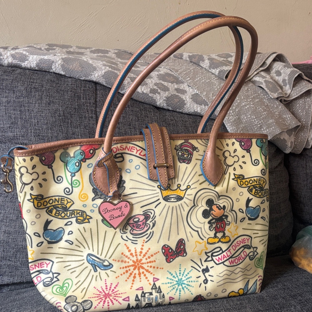 Dooney & Bourke Cream Disney Canvas Tote with Tan Leather Trim